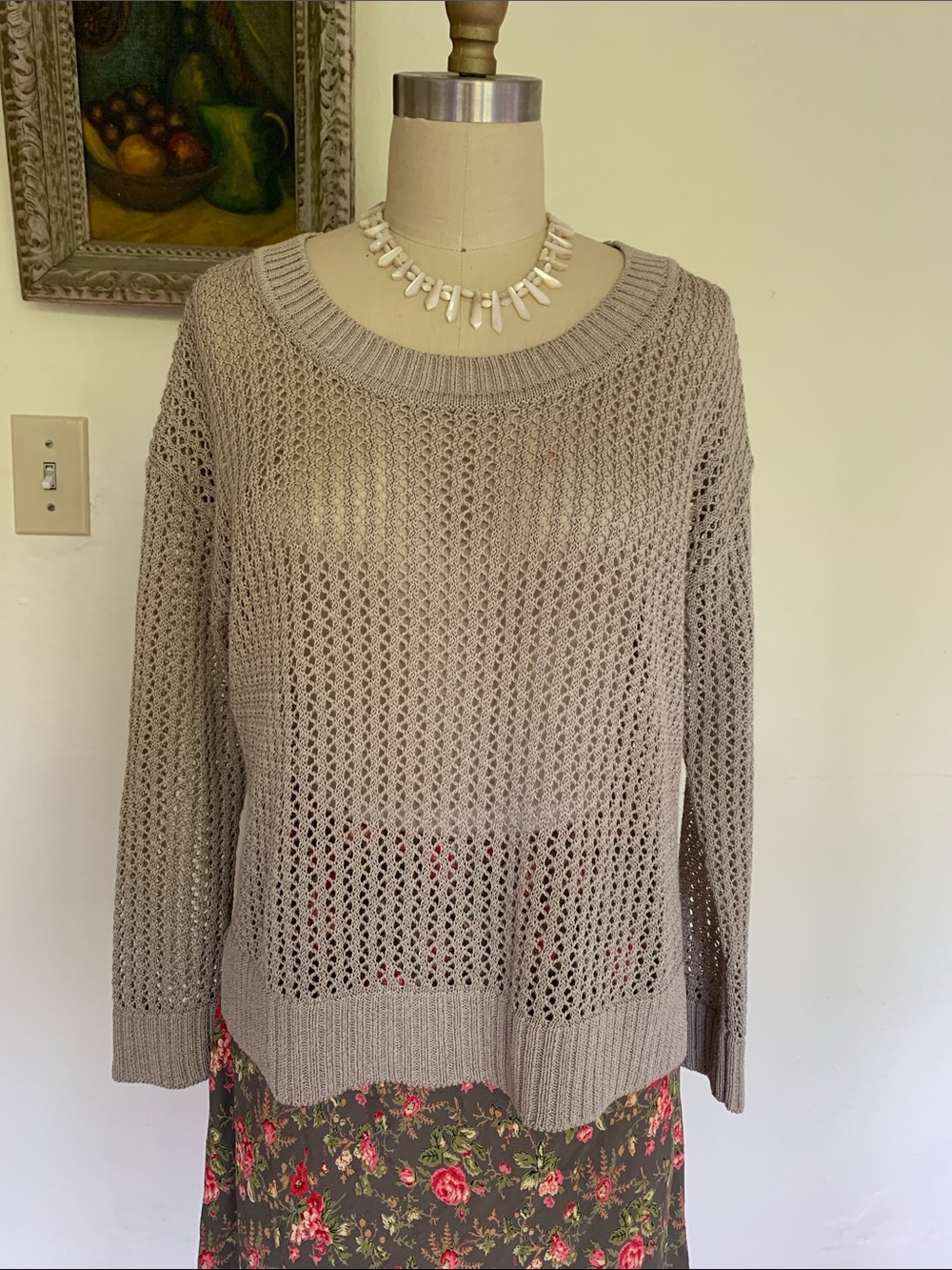 Coldwater Creek Light Taupe Open-Knit Women’s Sweater - Classic Crewneck